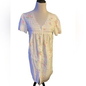 VTG Character Button Front Floral Roses Print Lace Eyelet Cotton House Coat Sz S